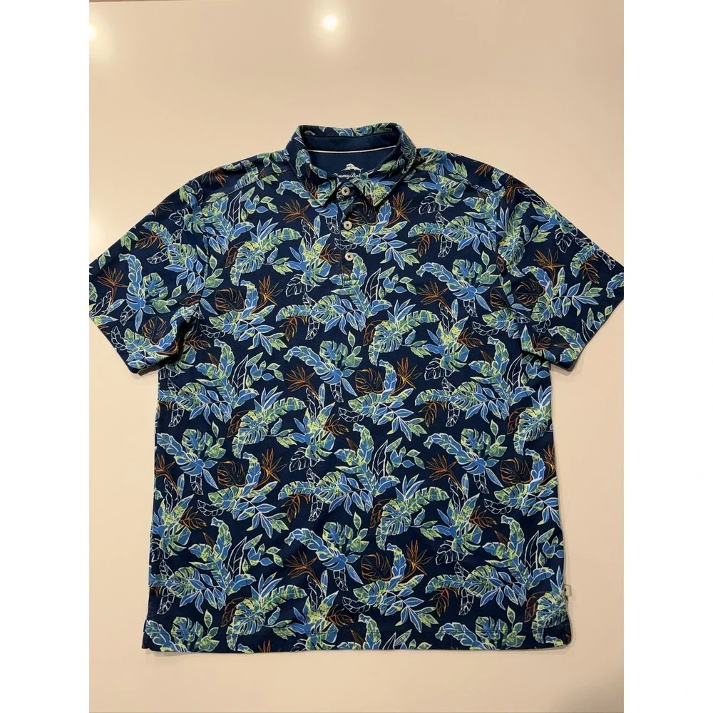 Tommy Bahama Tropical Leaf Polo Shirt Mens L Blue Floral Short Sleeve Cotton